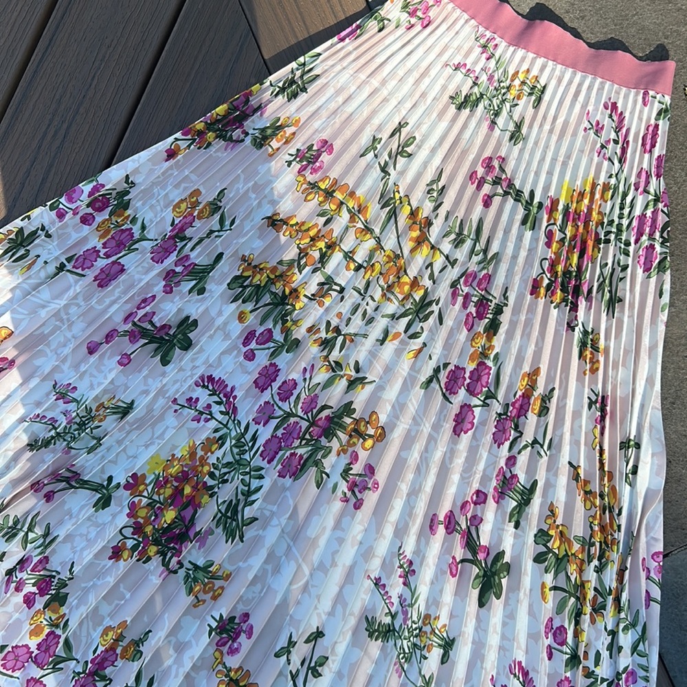 MaxMara Floral Pleated Midi Skirt - Pink and Yellow